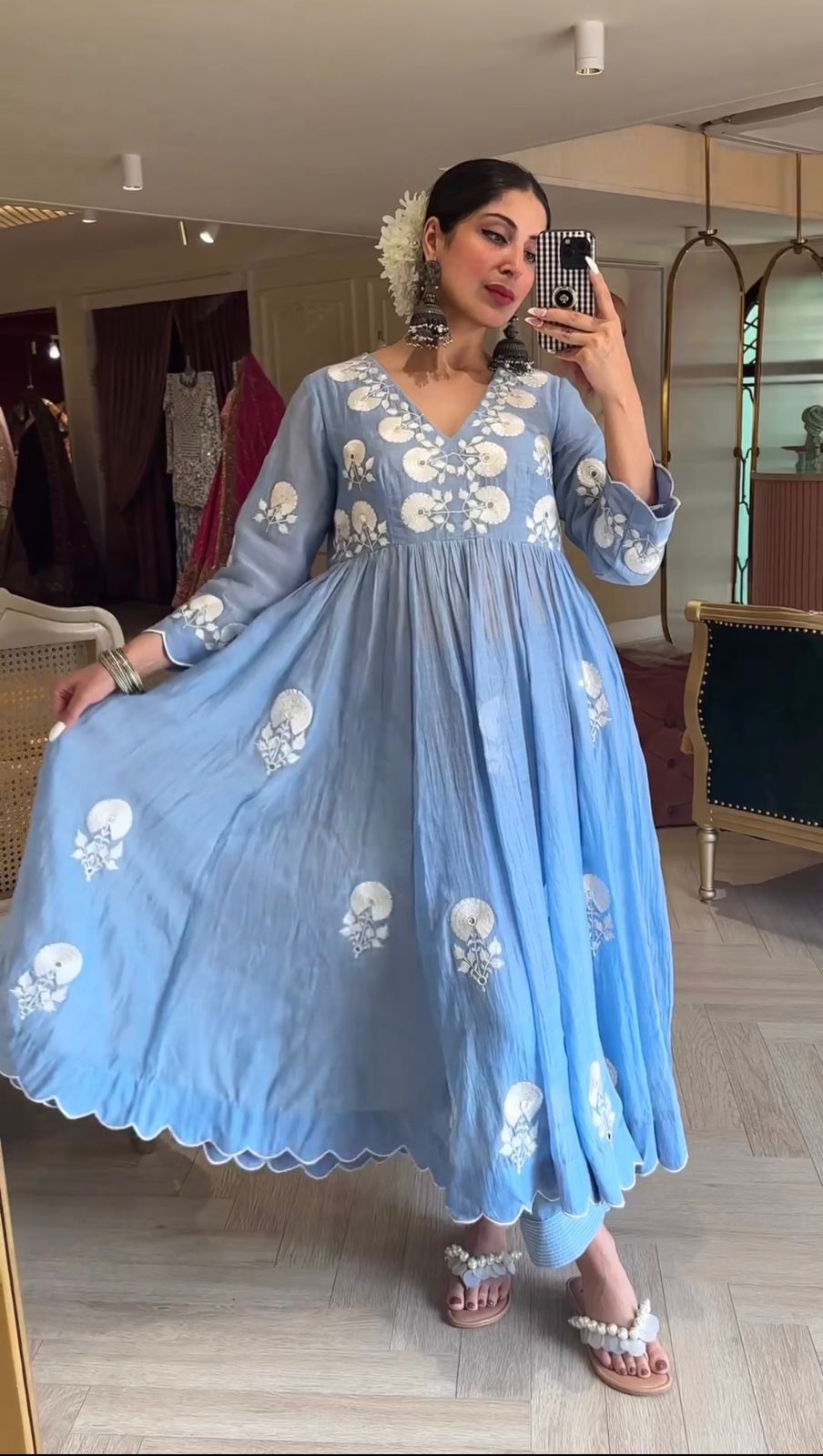 Sr 1579 Cotton Silk Embroidery Anarkali Kurtis With Bottom
